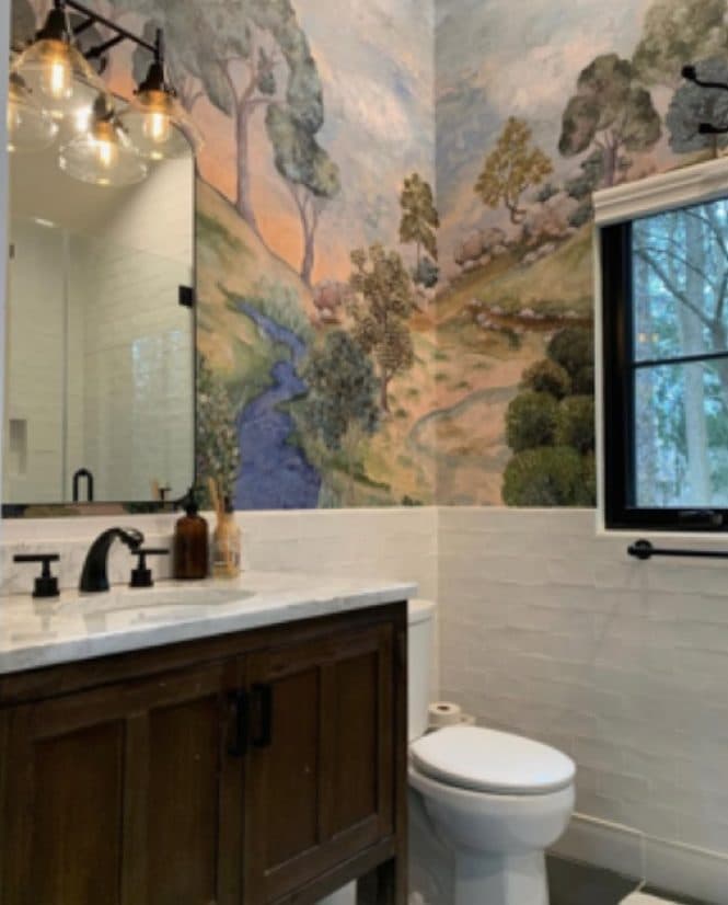 Bathroom with mural wallcovering, wood vanity, toilet, and dark fixtures.