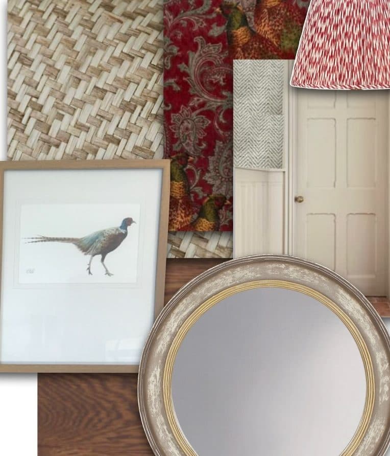 Farmhouse wallcovering and entry vignette with framed artwork, mirror, and lamp.