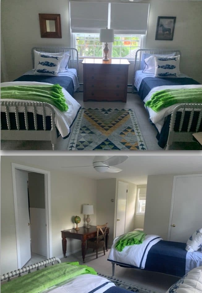 Farmhouse bedroom composition with twin beds, green accents, and geometric rug.