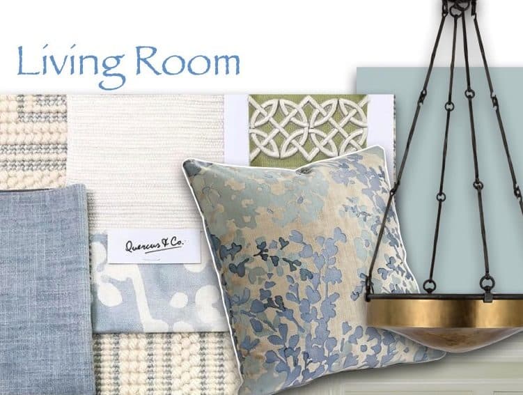 Newtown living room design board with textiles, fixture inspiration, and notes.
