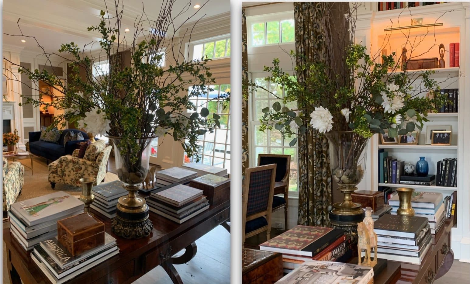 Detail of a Connecticut living room with florals, layered textiles, and a glimpse toward built-in shelving.
