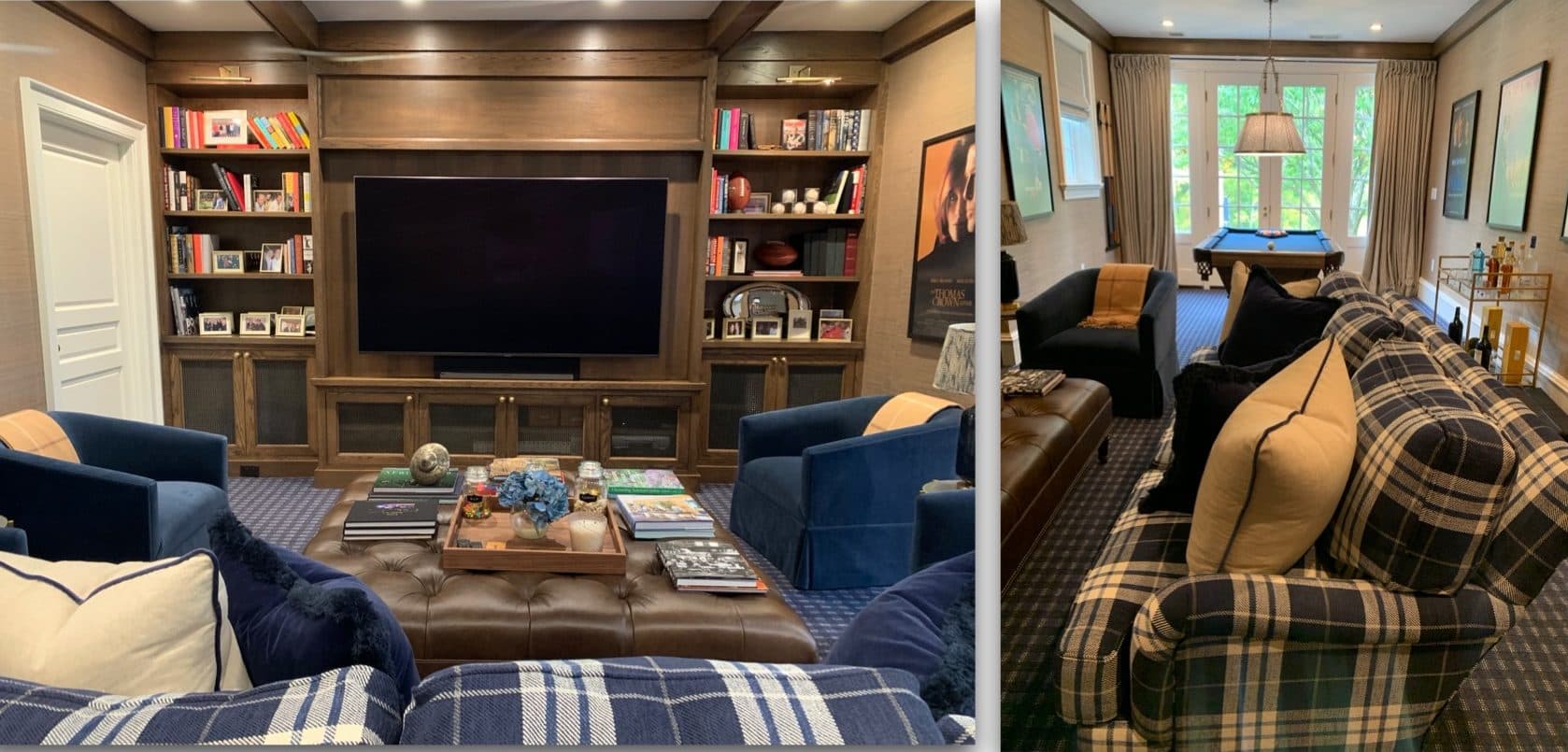 Connecticut lounge with dark built-ins, plaid seating, and tailored upholstered pieces.